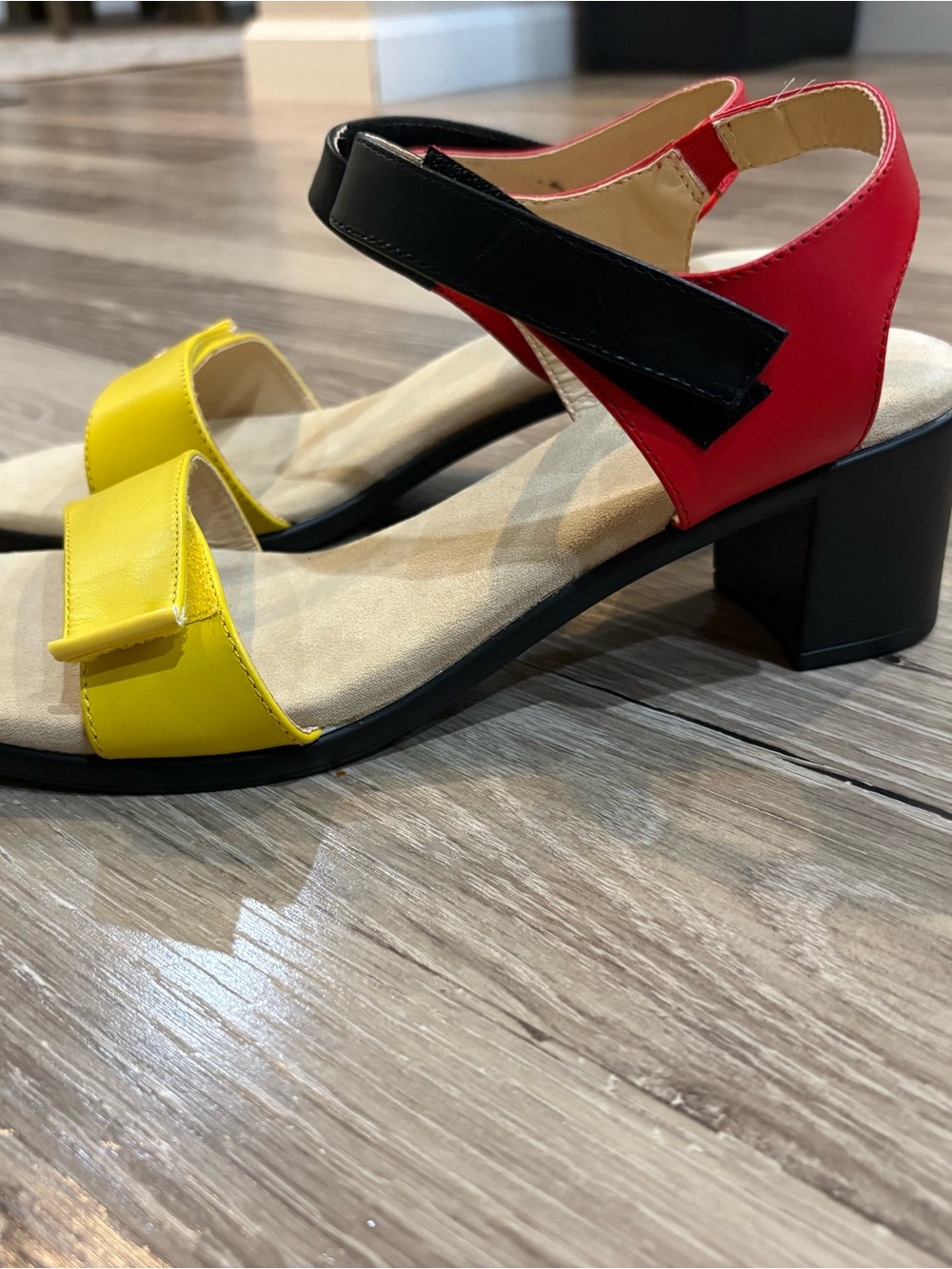 Fun Tri-Tone Low Block Heel Sandals β Yellow, Red & Black